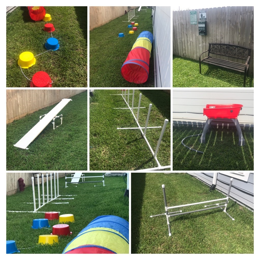 a collage of pictures of playground equipment in a backyard