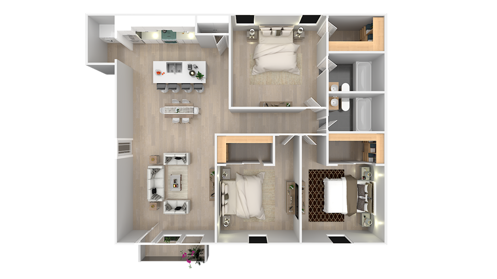 a rendering of the 1 bedroom floor plan with the quarters and baths
