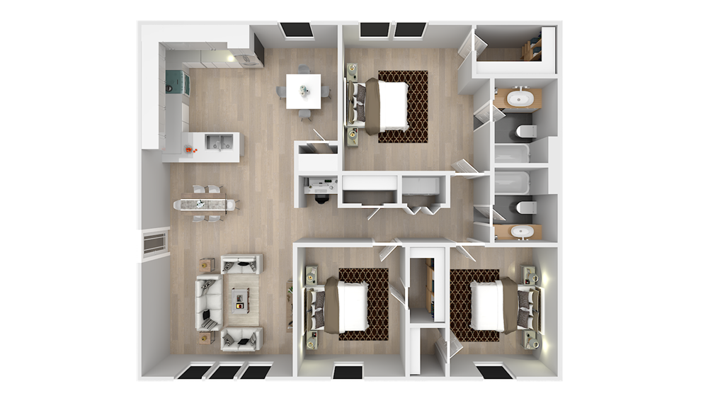 a 3d floor plan of a bedroom with furniture and a bathroom