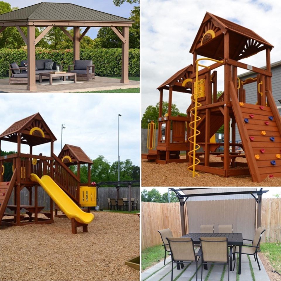 four pictures of a wooden playset with a slide and a table and chairs
