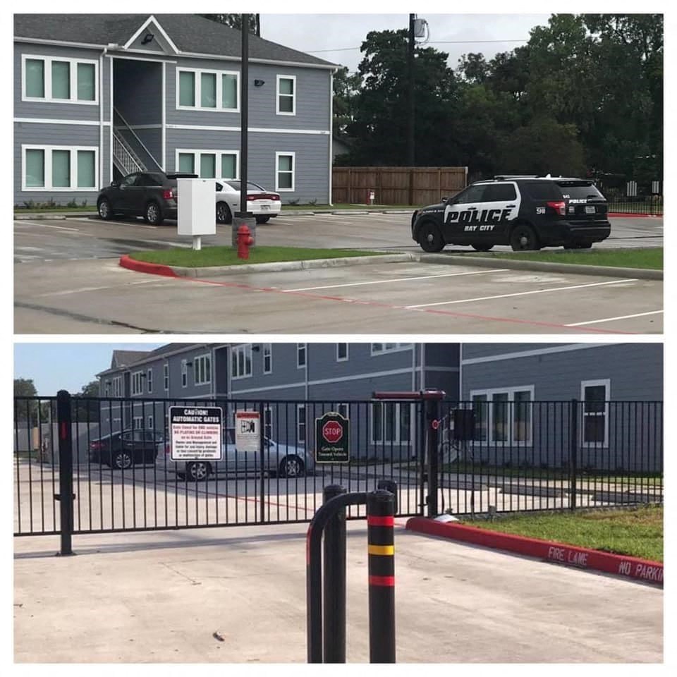 two different pictures of a parking lot with a police car
