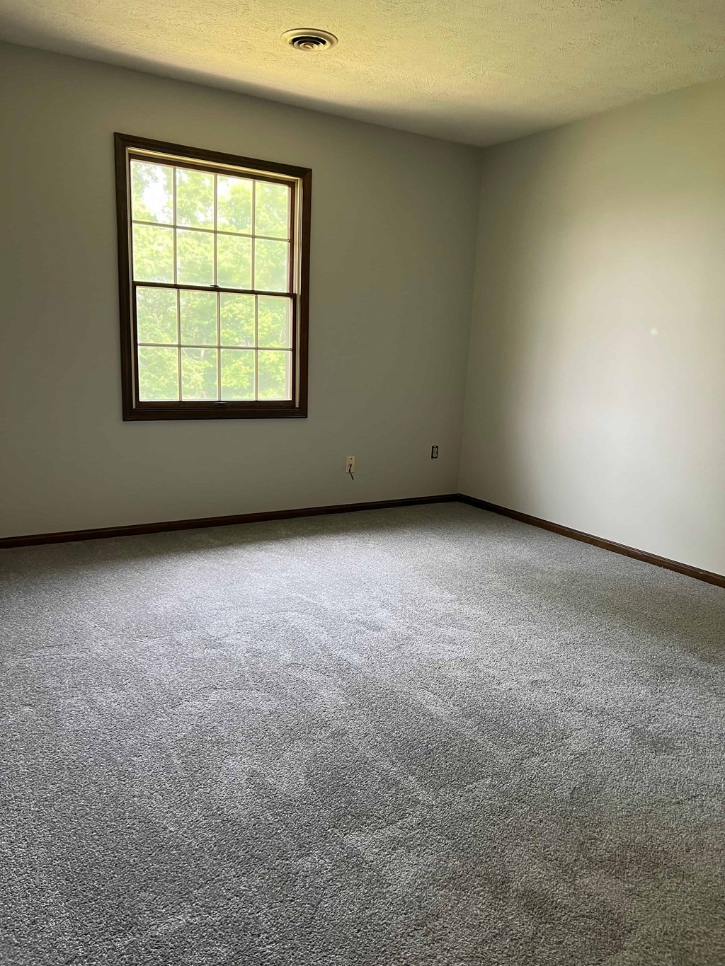 A room with a window and carpeted floor.