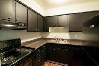 a kitchen with black cabinets and a stove and a sink