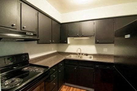 a kitchen with black cabinets and a stove and a sink
