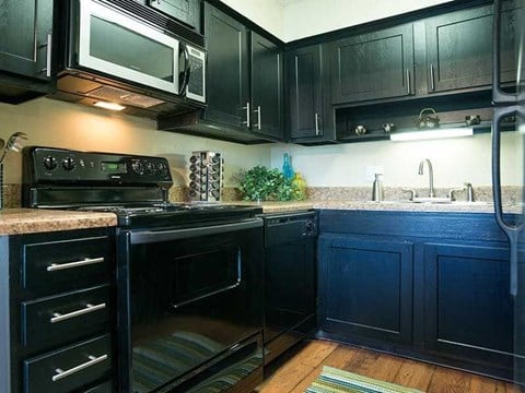 a kitchen with black cabinets and a stove and a microwave