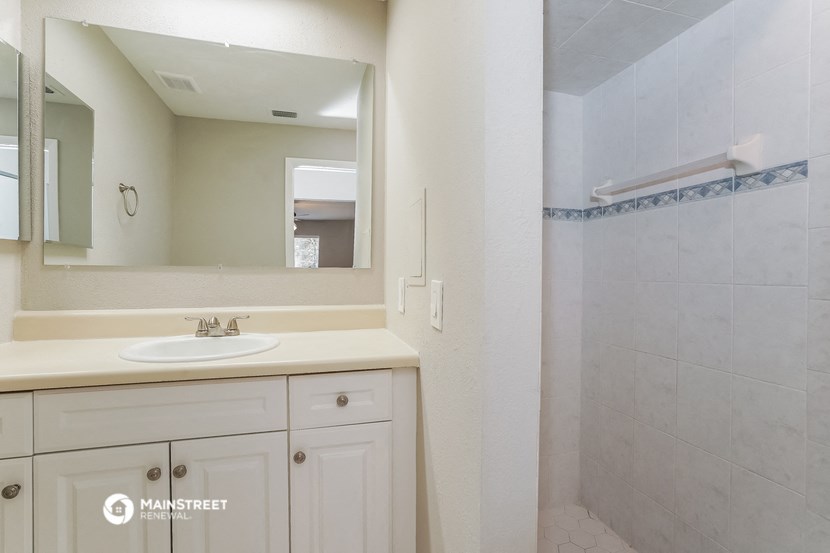 a bathroom with a sink and a shower and a mirror