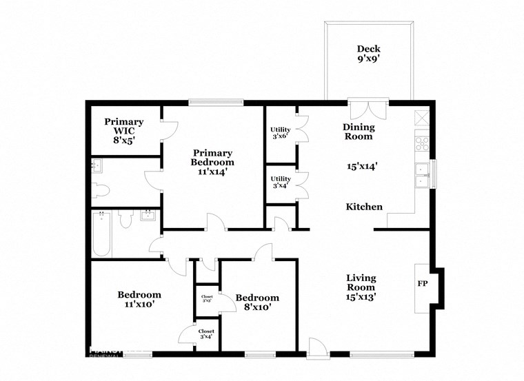 a floor plan of a house with two bedrooms and two bathrooms