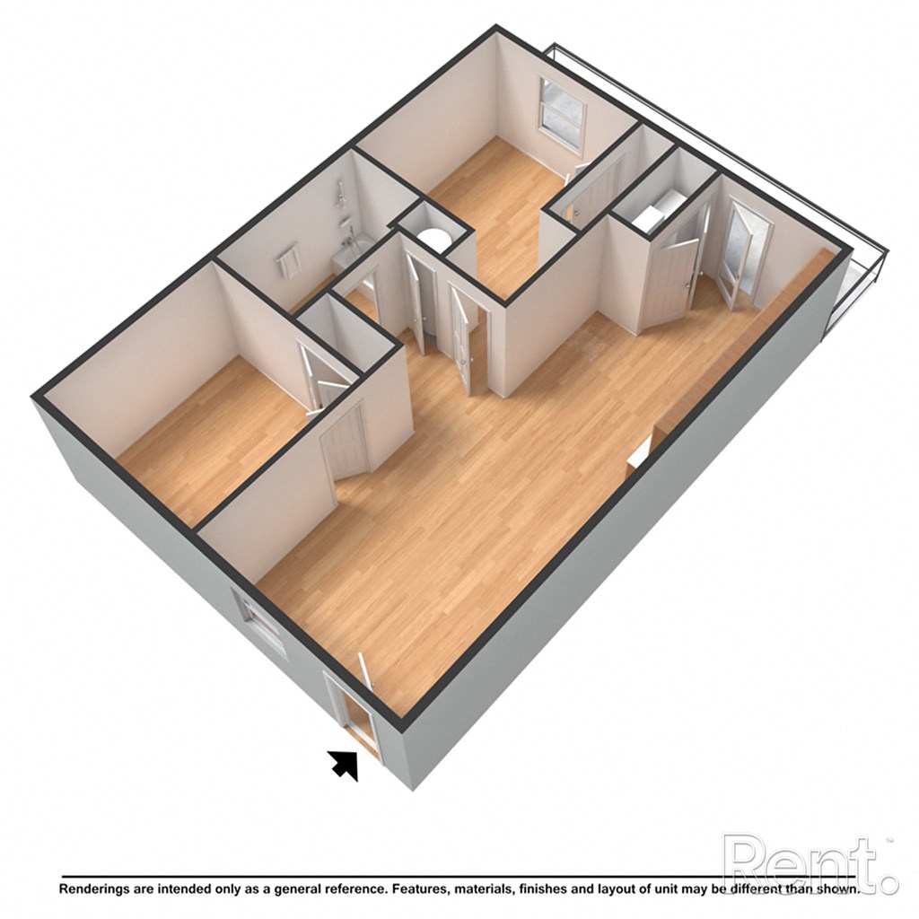 A 3D rendered image of a house layout.