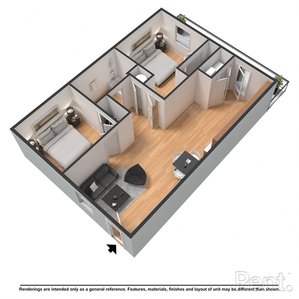 A 3D rendered image of a house layout.