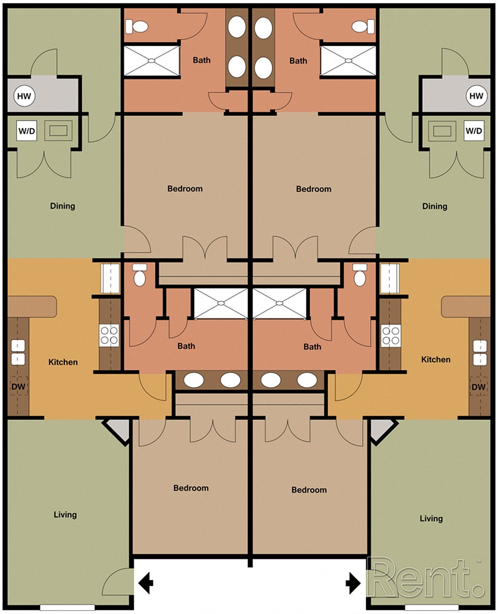 A floor plan of an apartment with two bedrooms, two bathrooms, a living room, a dining room, and a kitchen.