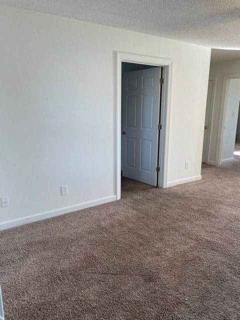 A room with a carpeted floor and a closed door.
