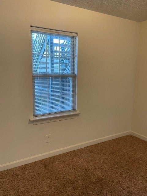 A room with a window and a carpeted floor.