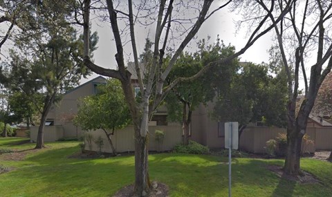 a house with a yard and trees in front of it