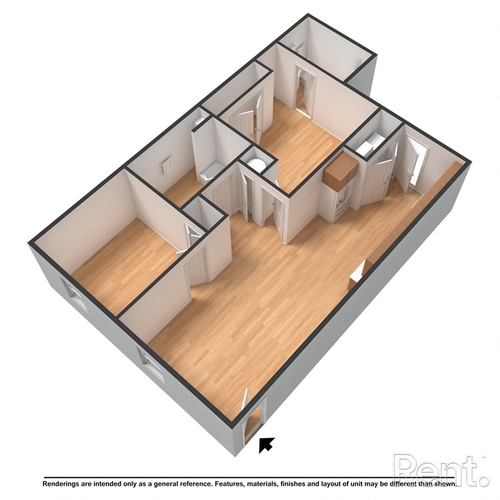 A 3D rendering of a house layout with a kitchen, living room, and two bedrooms.
