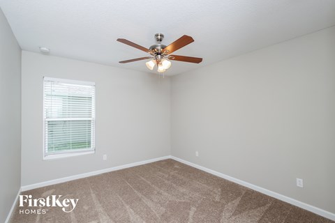 the living room has a ceiling fan and a carpet