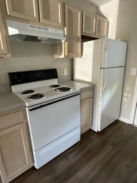 A white stove and refrigerator in a kitchen.