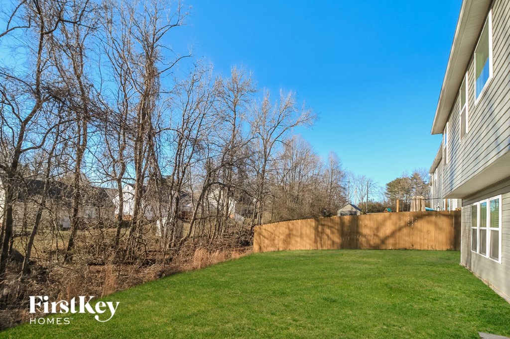 A backyard with a fence and trees.