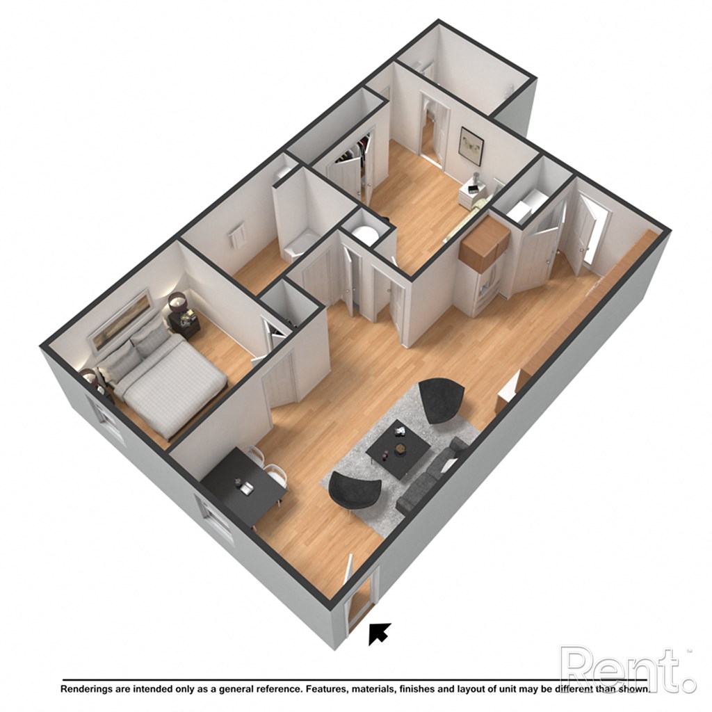 A 3D rendering of a house layout with a kitchen, living room, and two bedrooms.