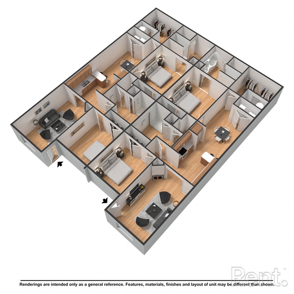 A 3D rendered image of a complex apartment layout.