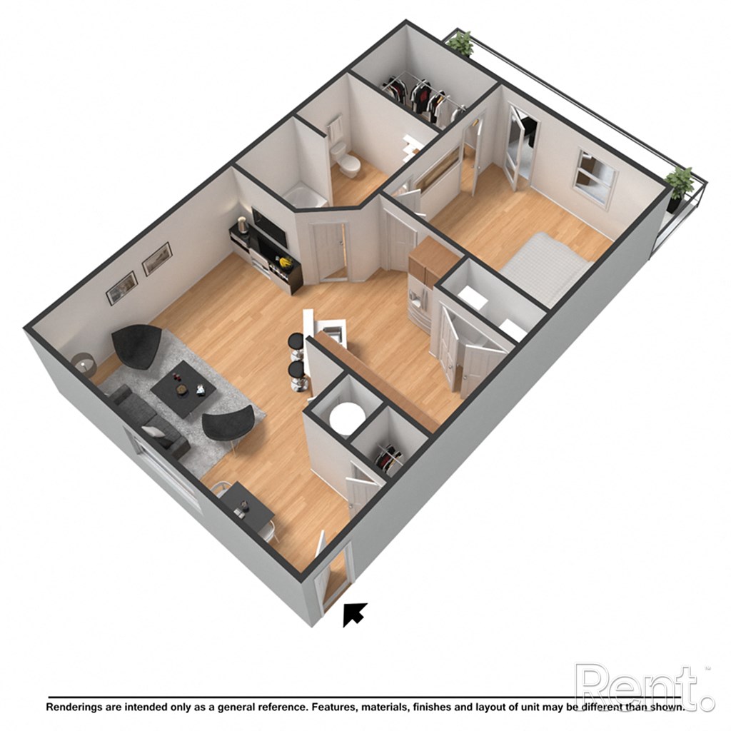 A 3D floor plan of a small apartment with a kitchen, living room, and bedroom.
