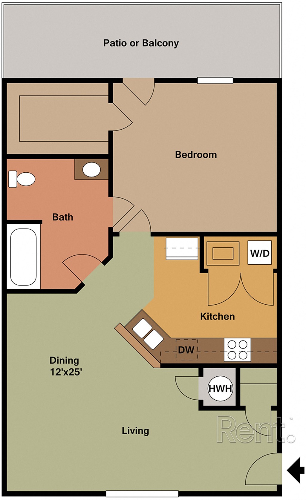 A floor plan of a house with a patio or balcony, bedroom, bath, kitchen, dining area, and living room.