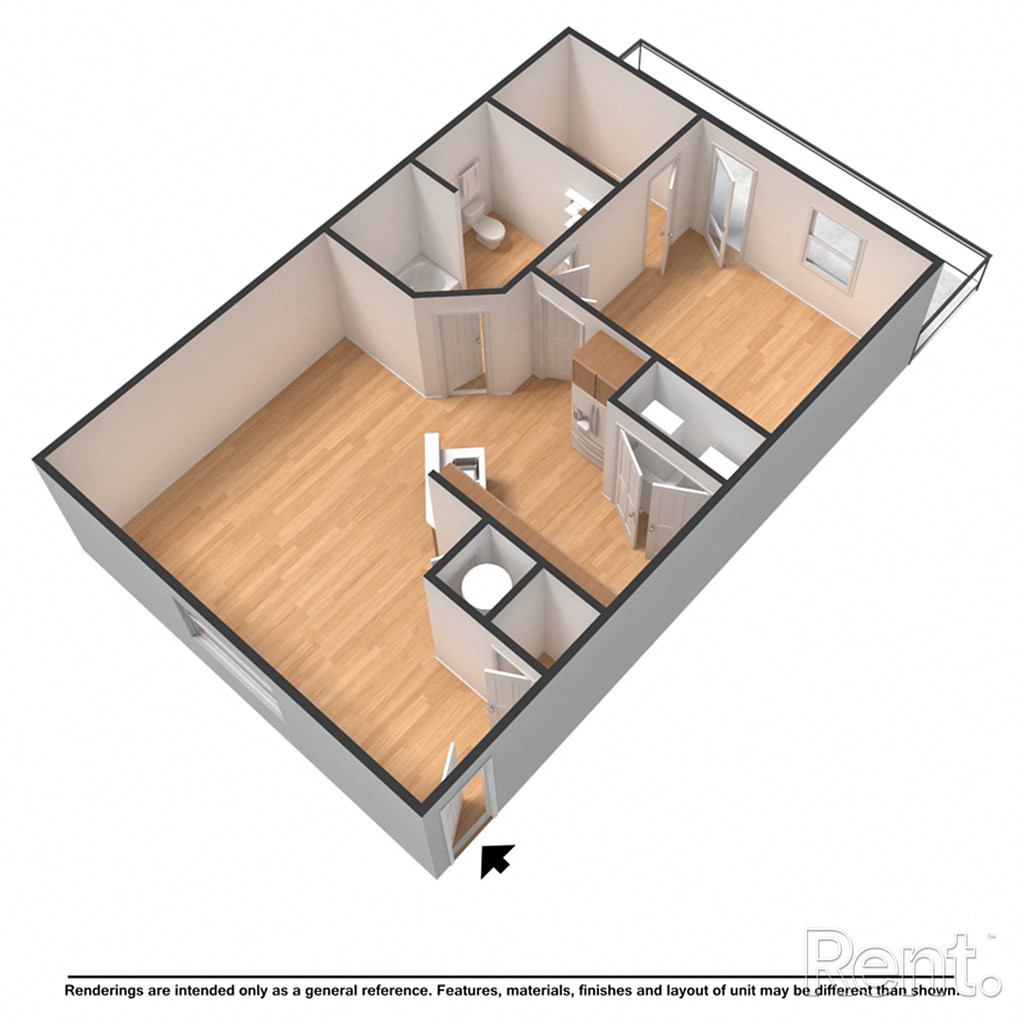 A 3D rendered image of a house layout.