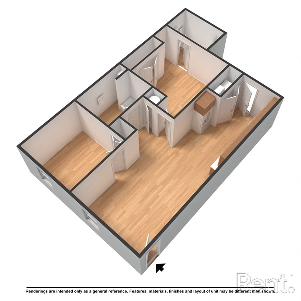 A 3D rendering of a house layout with a kitchen, living room, and two bedrooms.