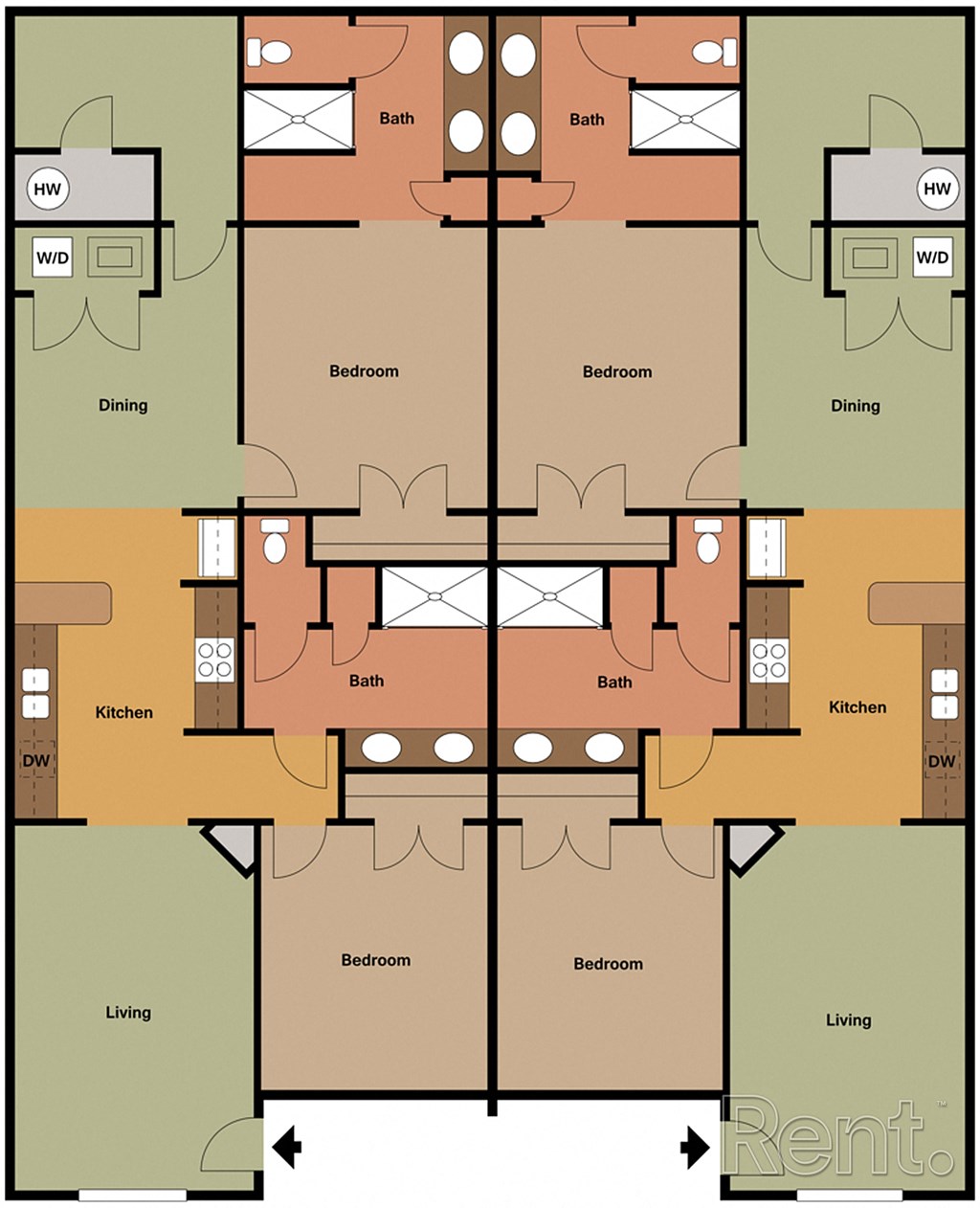 A floor plan of an apartment with two bedrooms, two bathrooms, a living room, a dining room, and a kitchen.