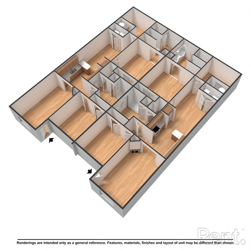 A 3D rendered image of a building layout.