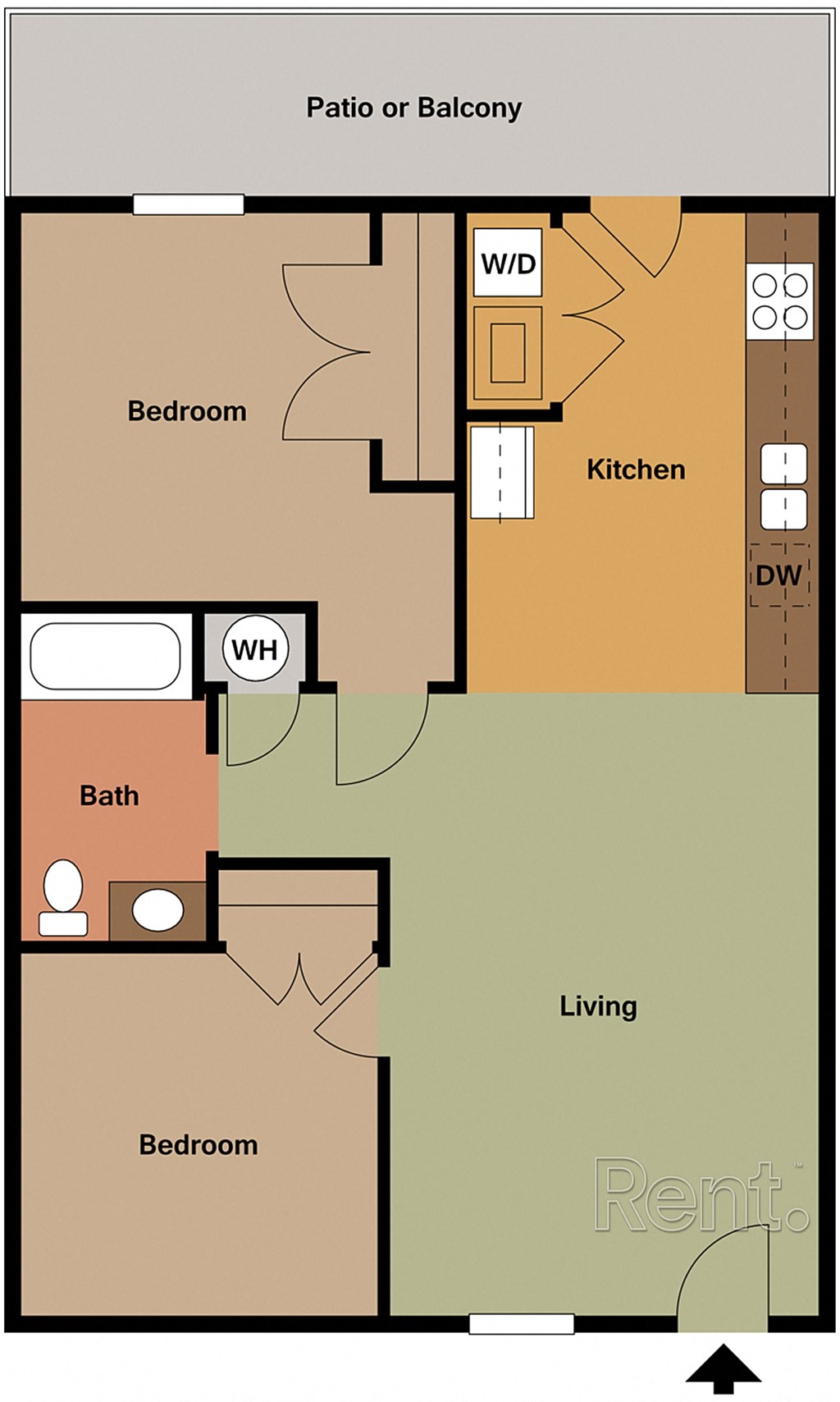 A floor plan of a rental apartment with a living room, two bedrooms, a bathroom, and a kitchen.
