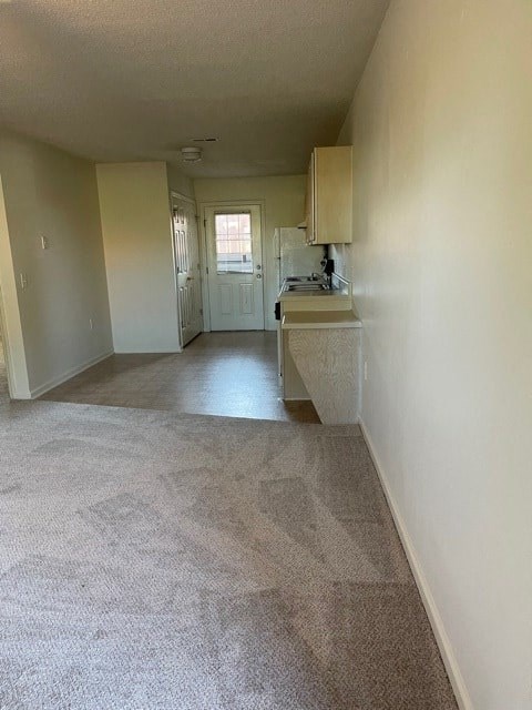 A carpeted hallway with a door on the right.