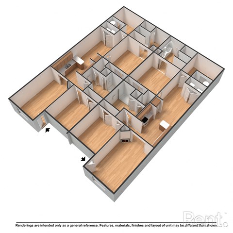 A 3D rendered image of a building layout.