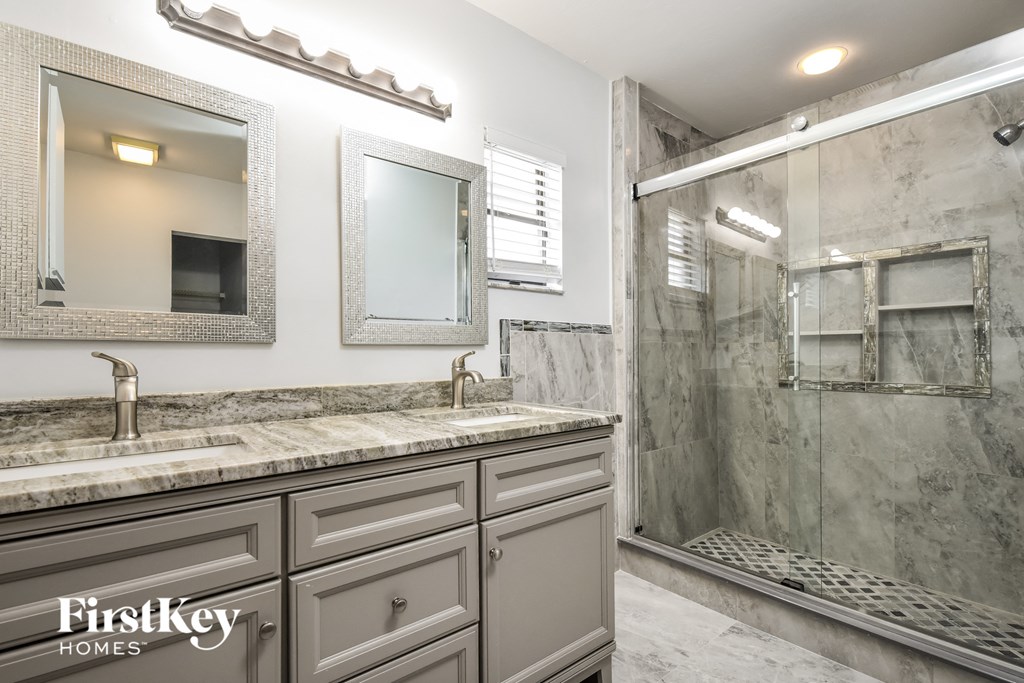 a bathroom with a sink and a shower and a mirror