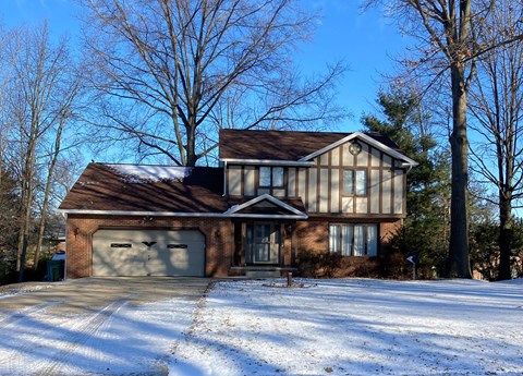 A house with a brown roof and a garage door.