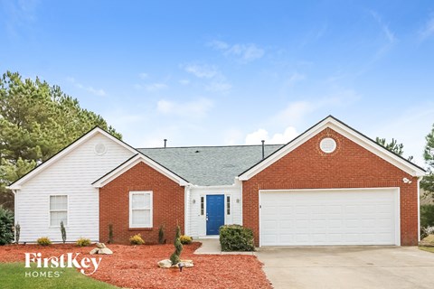 a brick and with a blue door