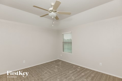 the living room has a ceiling fan and a carpet