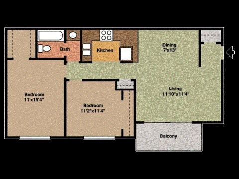 A2 Floorplan - 2 bed/1bath at Casa de Luna in Raleigh, NC.