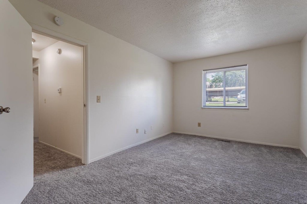 A room with a carpeted floor and a window.