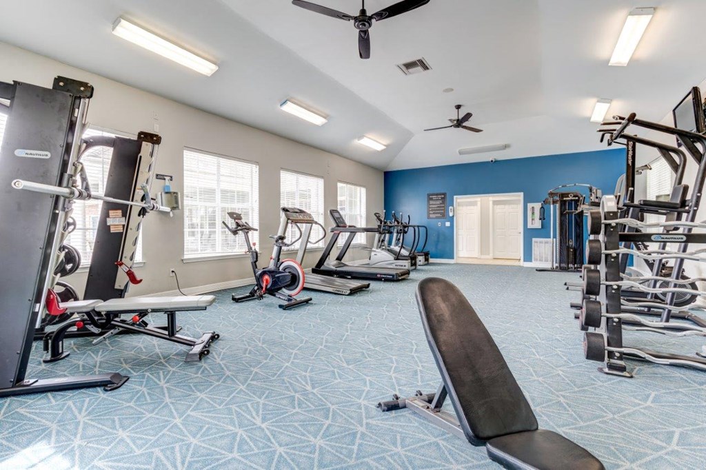 a gym with weights and cardio equipment at the monarch apartments in midtown