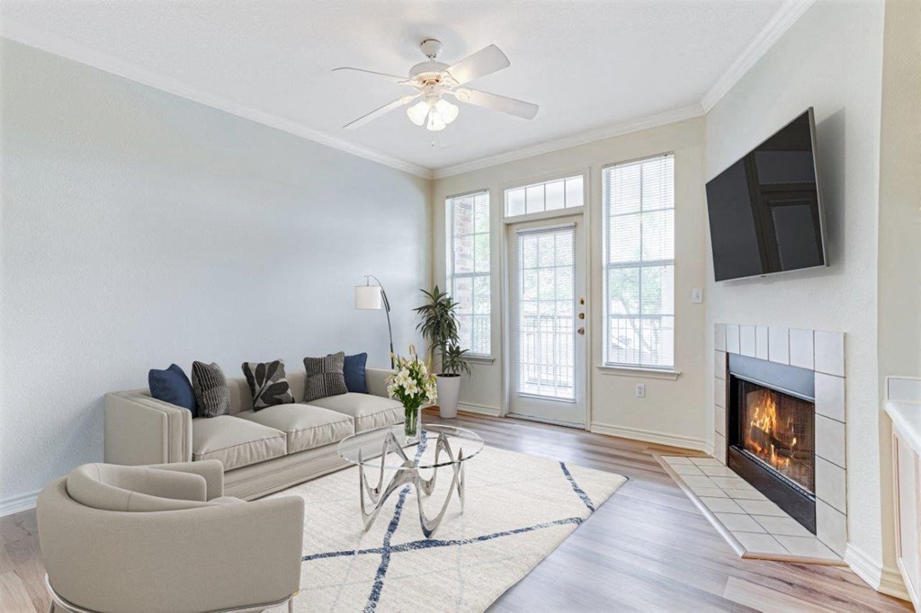 a living room with a couch and a tv and a fireplace
