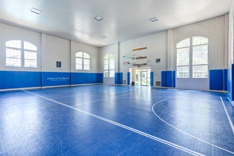 a large room with a basketball court and windows
