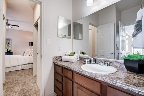 an expansive bathroom with a large mirror and a sink