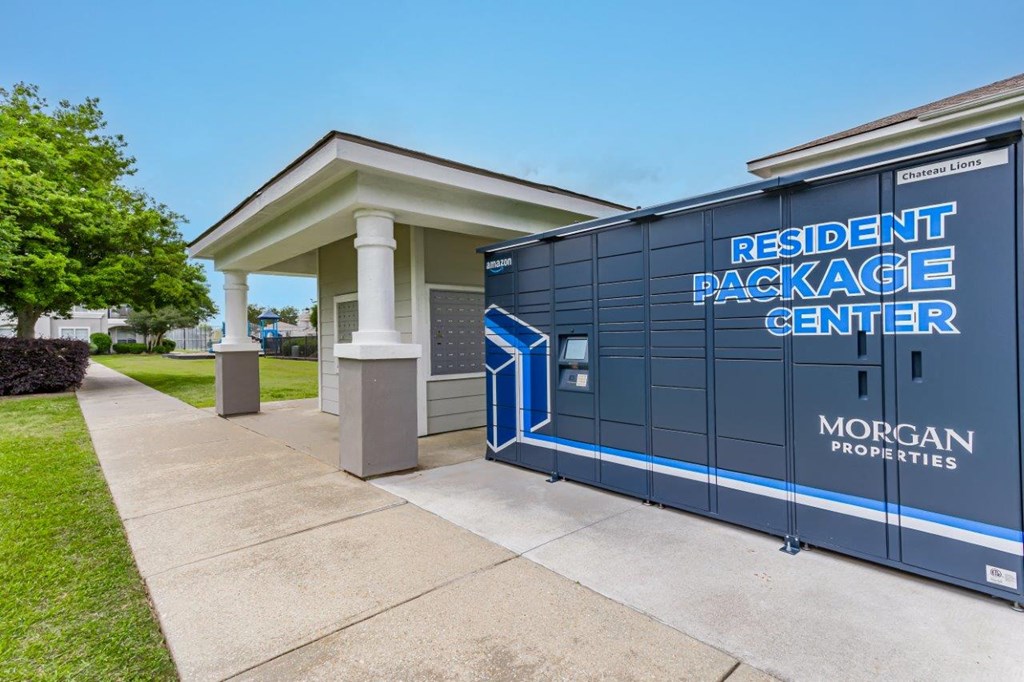 a building with a blue door and a sign that readsresident package center