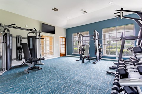 a gym with weights and cardio equipment and a window
