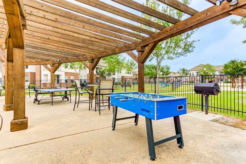 our games and picnic tables are under a pergola in our dog park