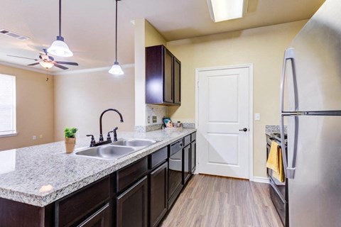 a kitchen with a sink and a refrigerator