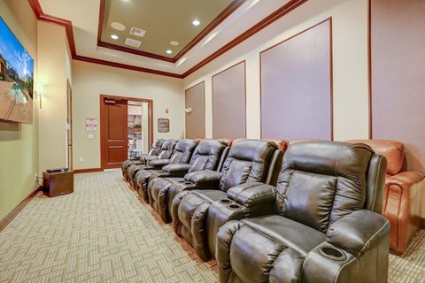 a theater room with a row of leather chairs