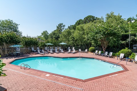a swimming pool with chairs and umbrellas at the resort