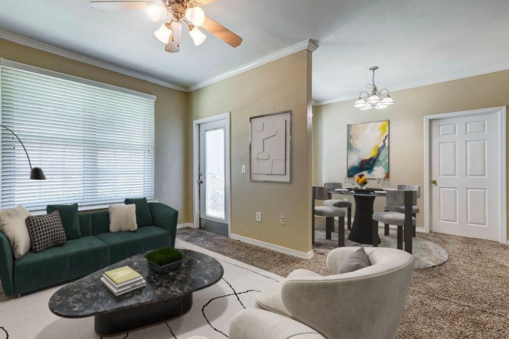 a living room with a couch and a table