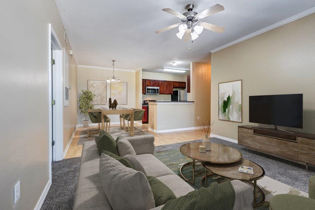 a living room with a couch and a table
